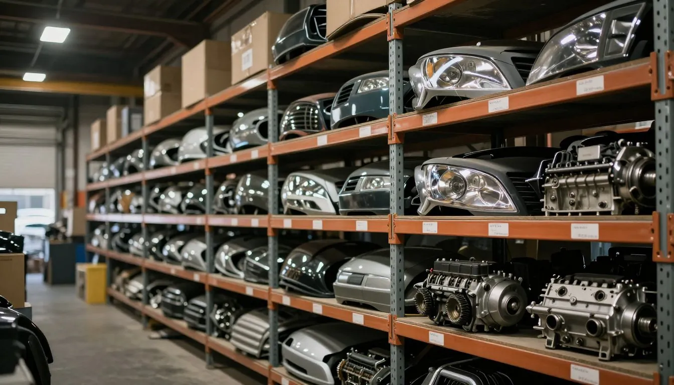 Estanterías de recambios de coche organizados en el almacén